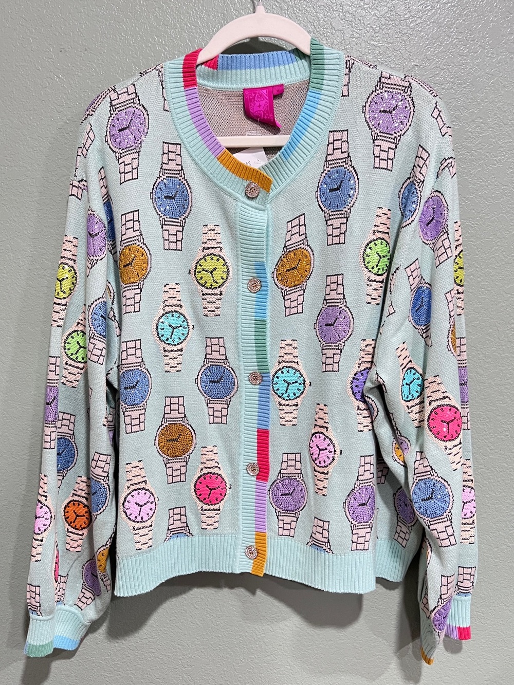 New QOS Aqua Colorblock Trim Multi Watch Cardigan